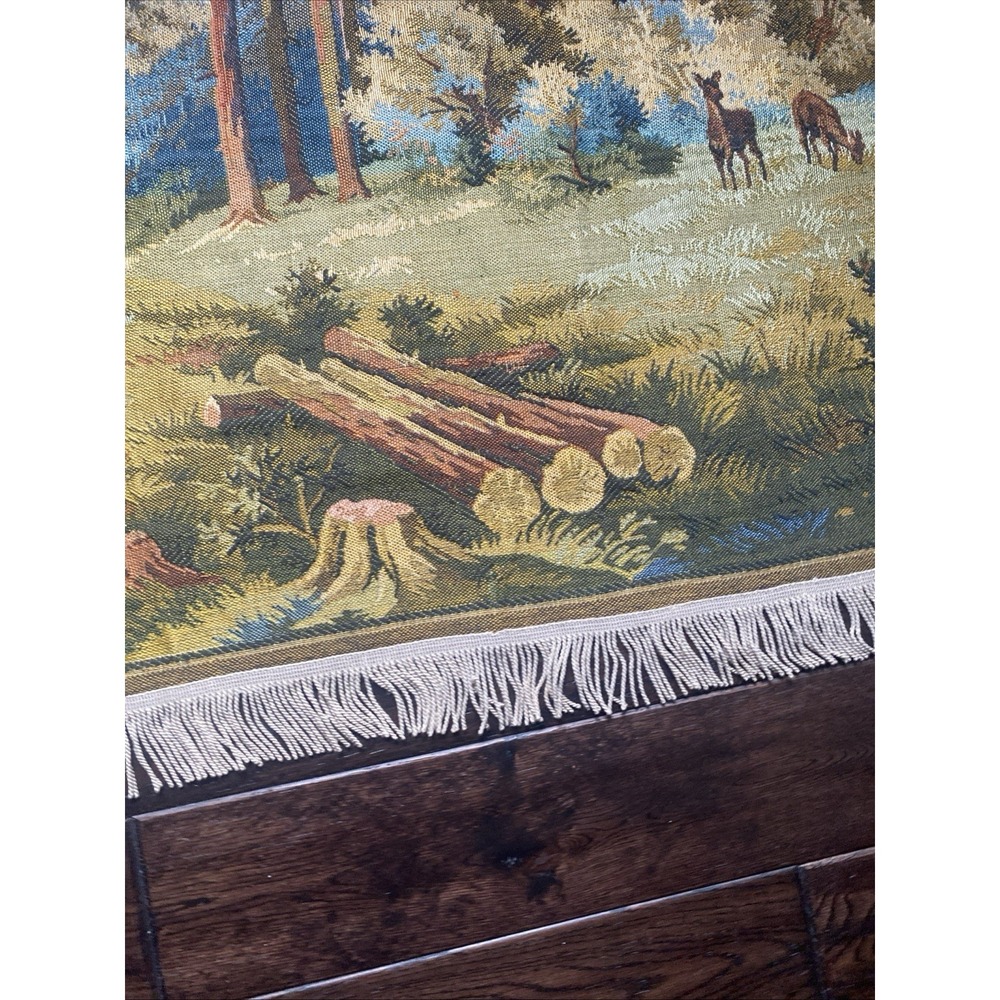 Vintage Deer Forrest Cabin Wall Hanging Tapestry 53 x 25" Hunting Scene - Picture 7 of 16
